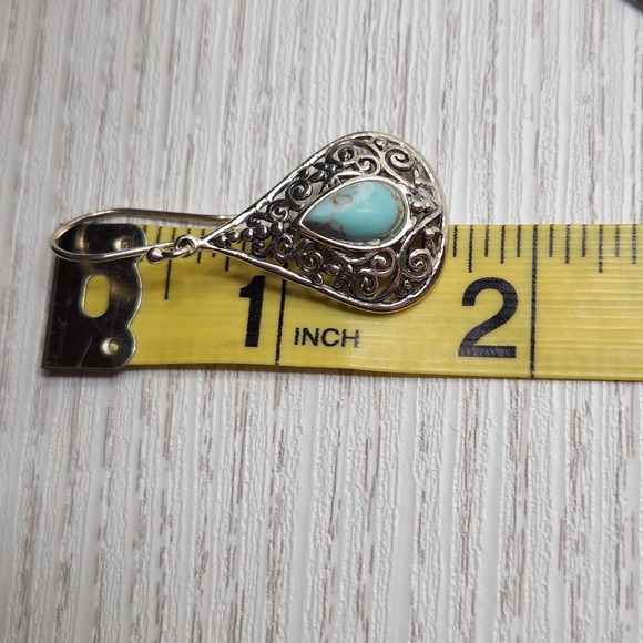 Sterling Silver 925 Blue Stone Teardrop Dangle Drop Hook Earrings Filigree - Picture 5 of 5